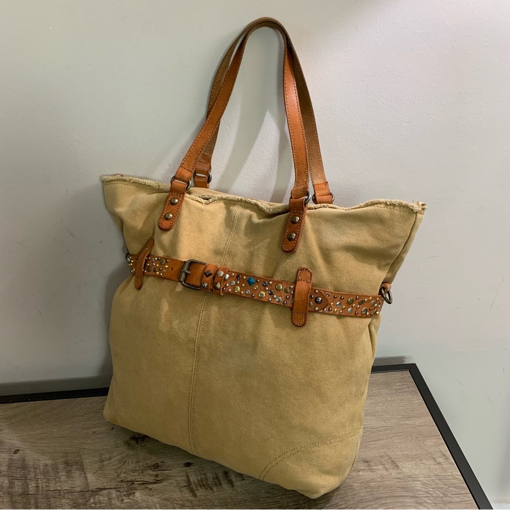 LUCKY BRAND Khaki Beige COLEXICO Large CANVAS Boho TOTE Belted BAG Purse